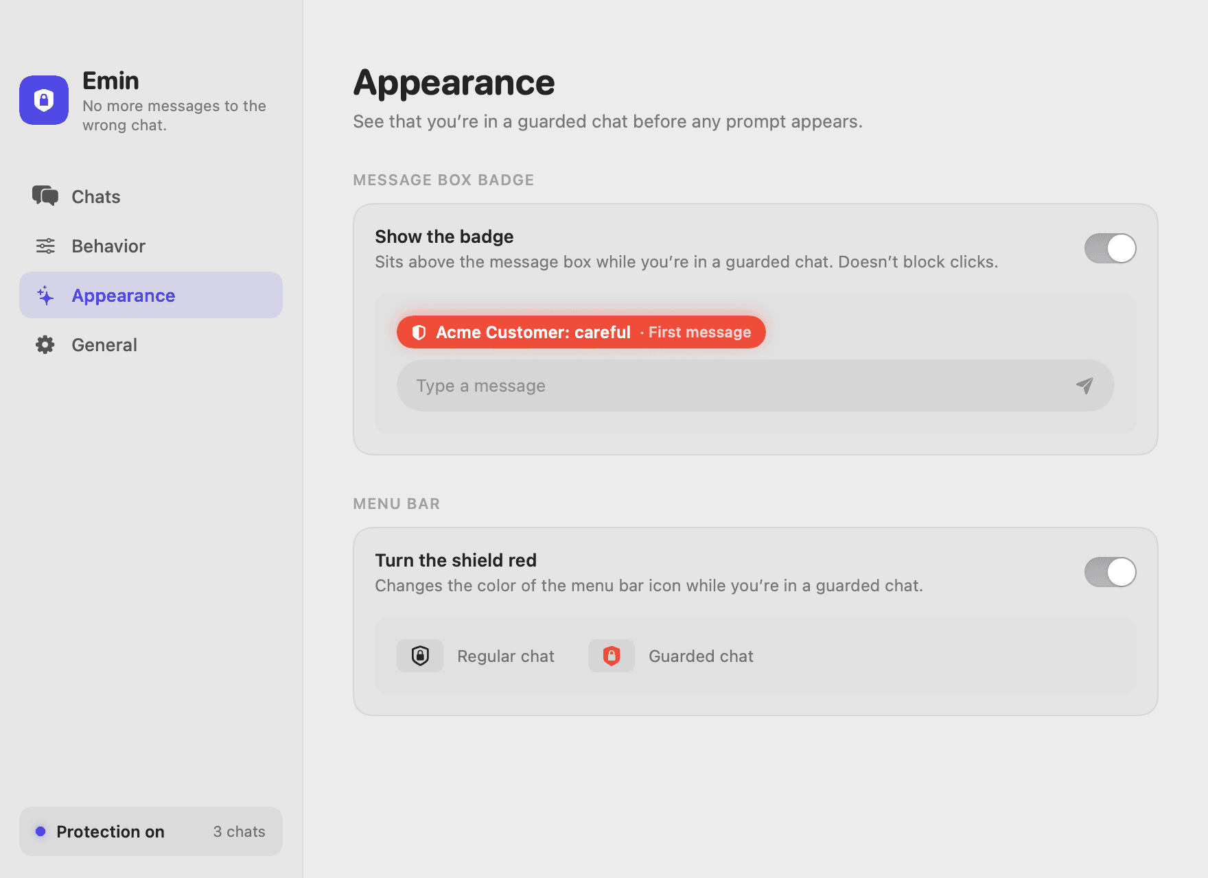 Appearance settings with the message box badge