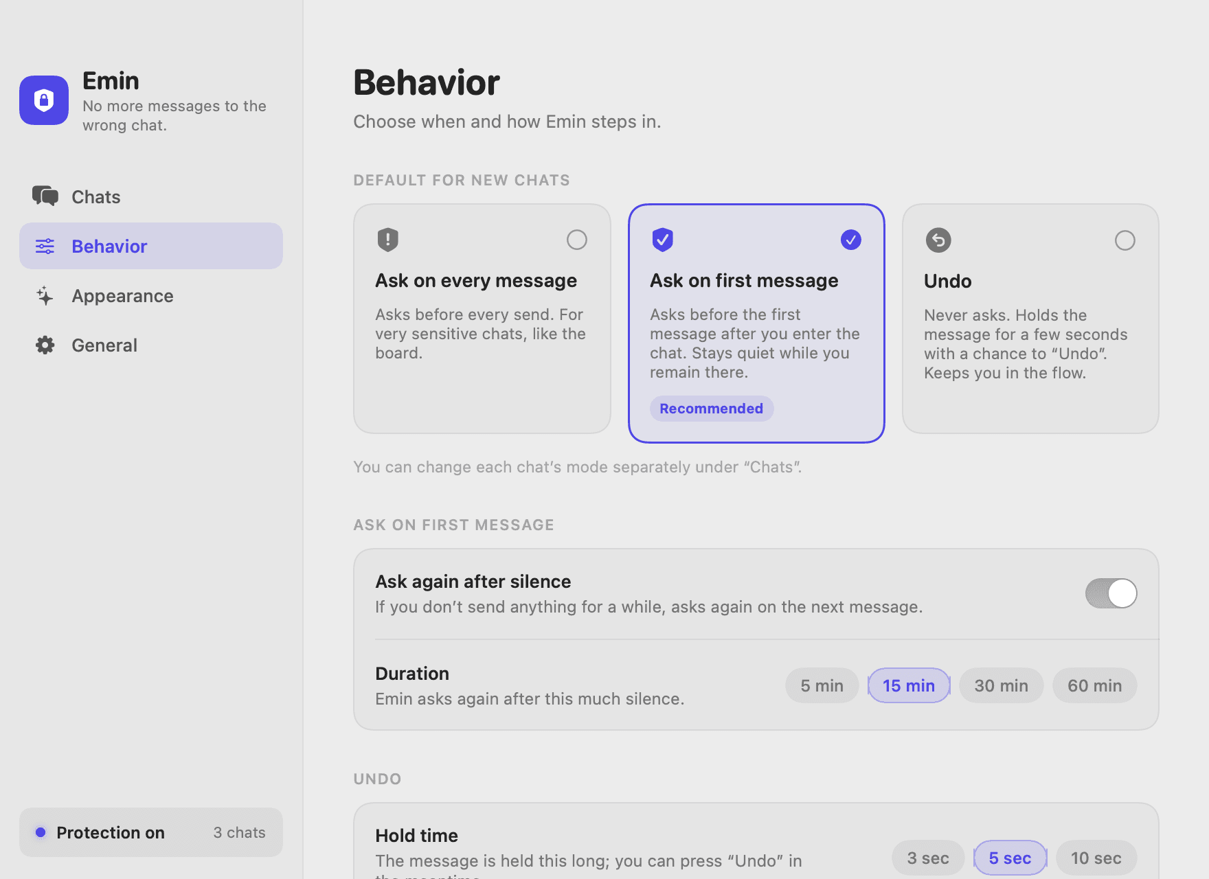 Behavior settings with the three modes