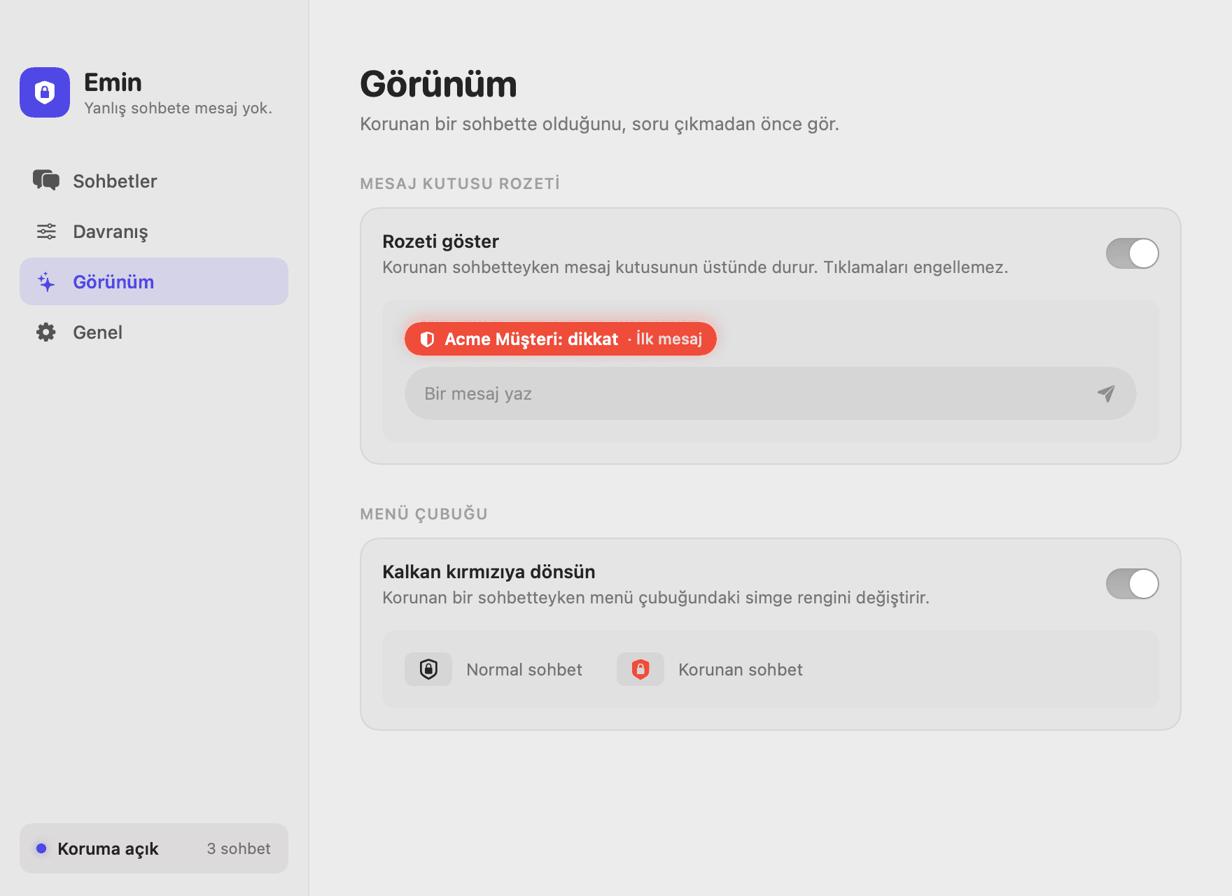 Mesaj kutusu rozetiyle görünüm ayarları